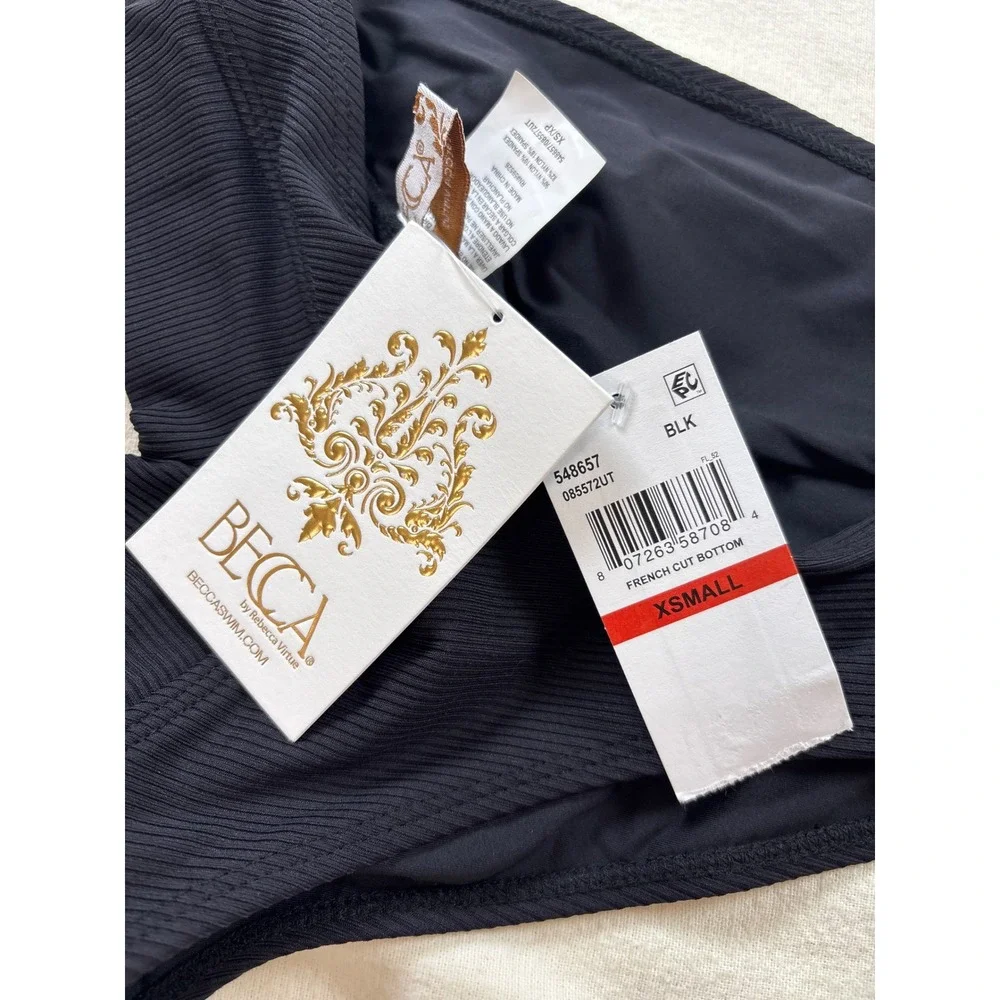 Becca by Rebecca Virtue Black Ribbed French Cut Bikini Bottoms 085572UT XS
